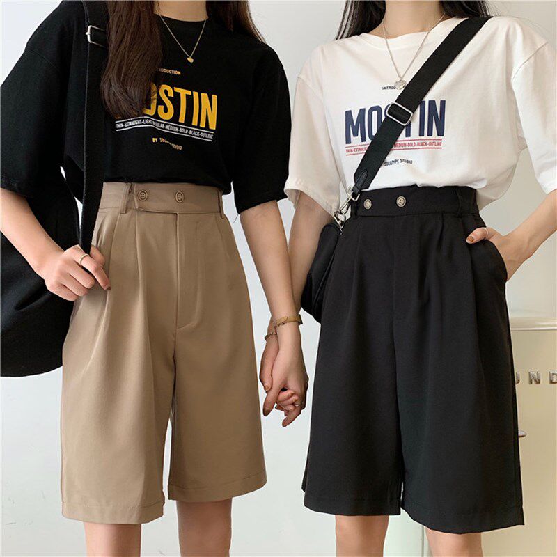 大码黑色休闲短裤女夏新款宽松显瘦胖mm中裤高腰阔腿西装五分裤子