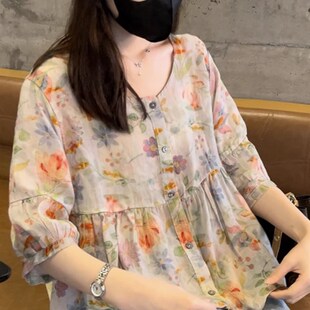 棉麻碎花上衣女中袖大码胖mm宽松遮肚子显瘦短袖t恤衫薄款娃娃衫