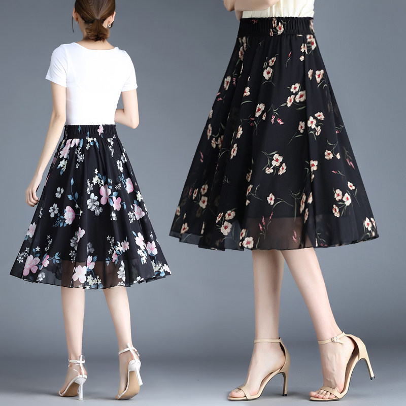 小碎花雪纺半身裙女夏2021新款中长款高腰百褶裙垂感打底a字裙子