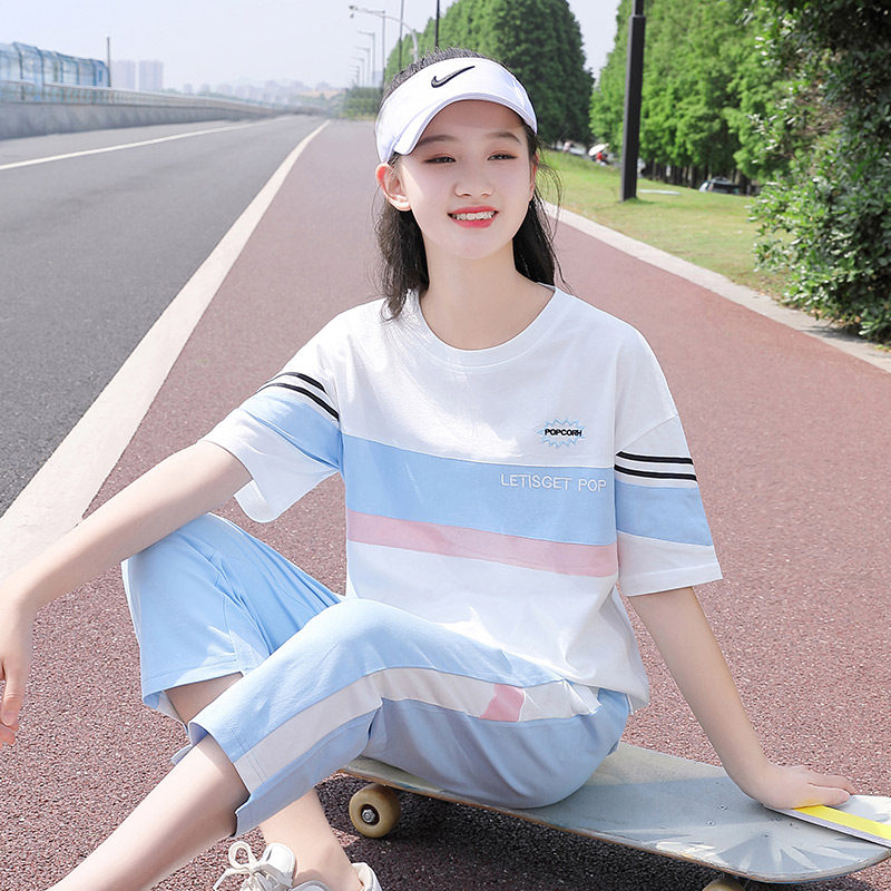 初中生运动套装青春少女七分裤T恤短袖班服2021夏季高中学生韩版