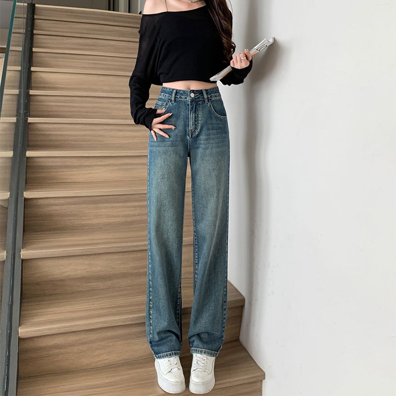 高腰窄版直筒牛仔裤女春季150小个子显高九分宽松显瘦垂感阔腿裤