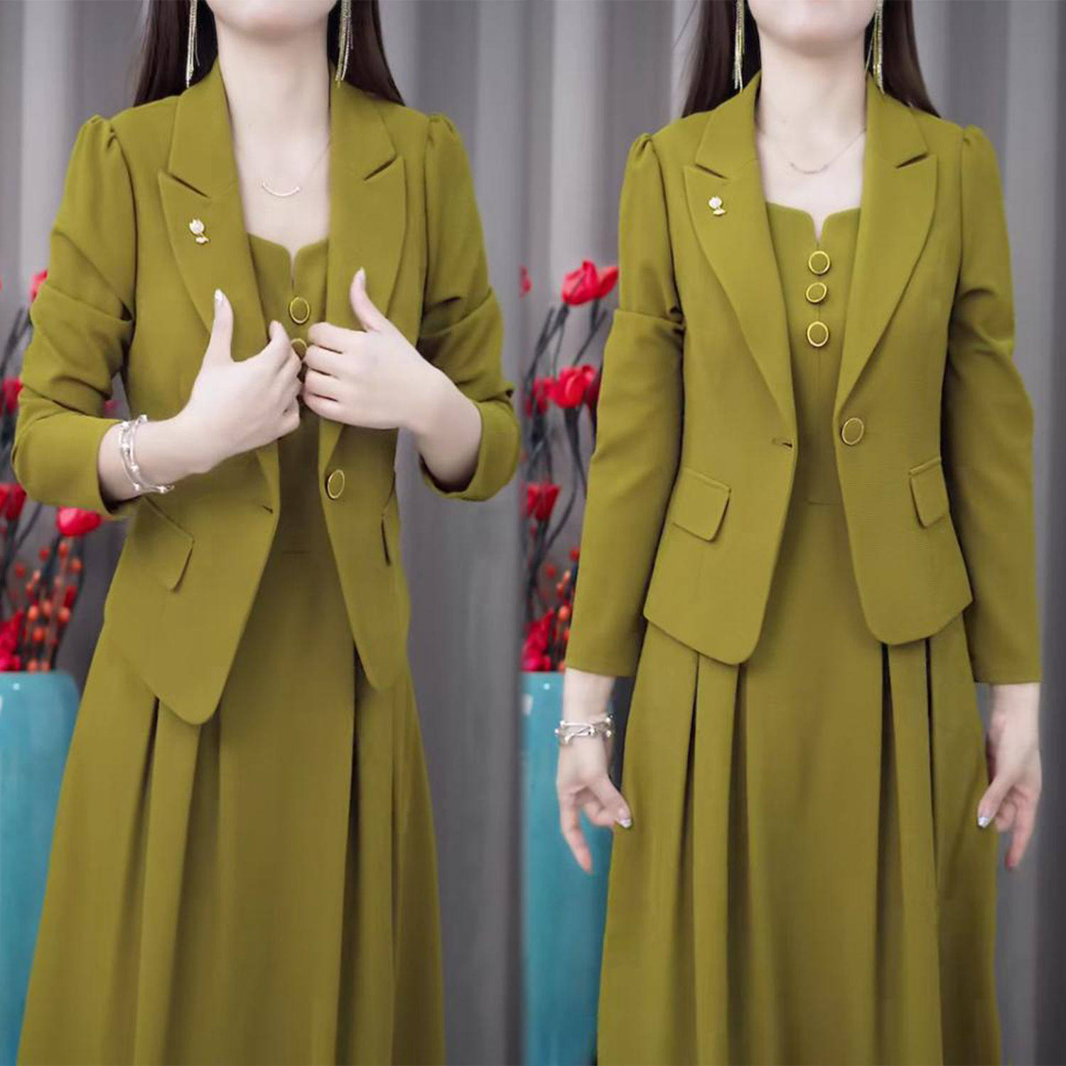 时尚西装套装女2024春季新款气质休闲显瘦西服外套连衣裙两件套潮
