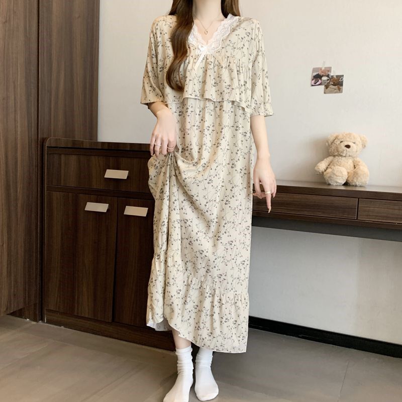 睡裙女棉绸睡衣夏季人造棉短袖防凸点长款绵绸休闲可外穿连衣裙子