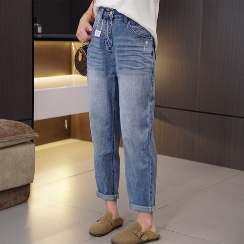 初夏 120-200斤胖mm高腰遮肉小破洞哈伦裤大码女装时尚百搭直筒裤