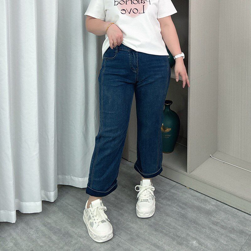 胖妹妹后腰松紧直筒牛仔裤大码女装春夏宽松遮胯百搭窄版九分裤子