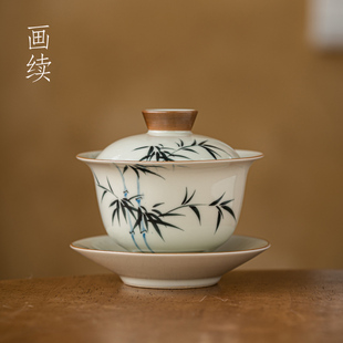 家用 画续草木灰手绘竹子三才盖碗茶杯单个泡茶功夫茶具茶碗中式