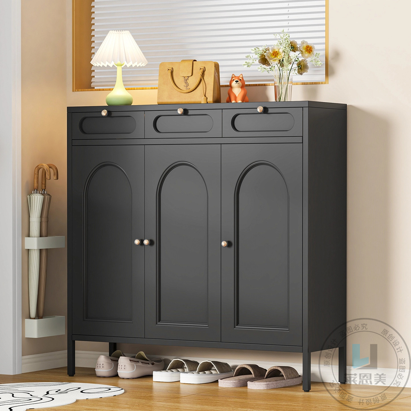 入户鞋柜家用门口黑色玄关柜一体靠墙储物柜法式轻奢大容量收纳柜