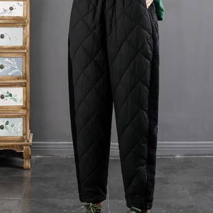 外穿女防风哈伦裤 2024冬新款 纯色菱格拼接条绒松紧腰保暖夹棉棉裤