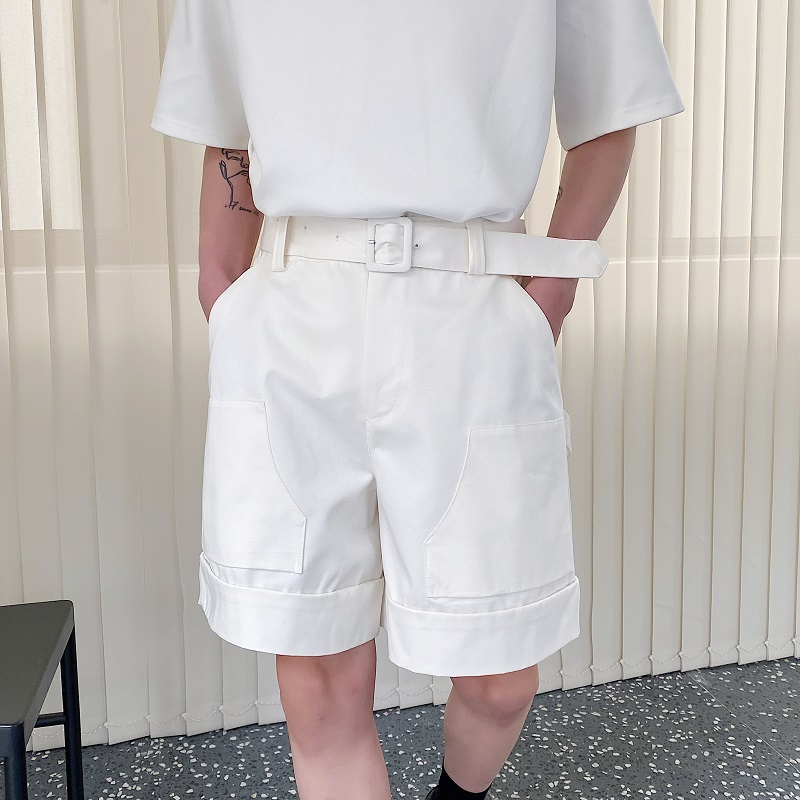 夏季高级感白色阔k腿工装短裤男小众腰带设计感韩版网红直筒五分