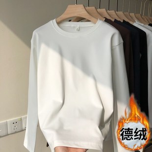 純棉長袖 t恤上衣 女秋冬圓領(lǐng)內(nèi)搭疊穿寬松韓版 磨絨加厚白色f打底衫