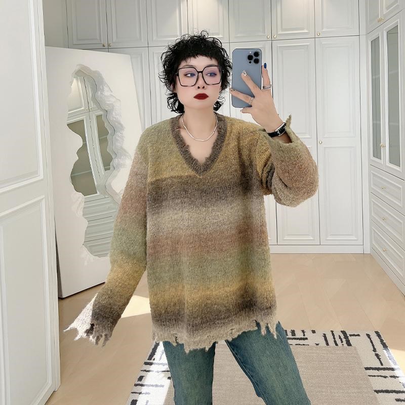 慵懒风宽松气质v领针织衫大码女装200斤J胖mm美式条纹减龄显瘦毛