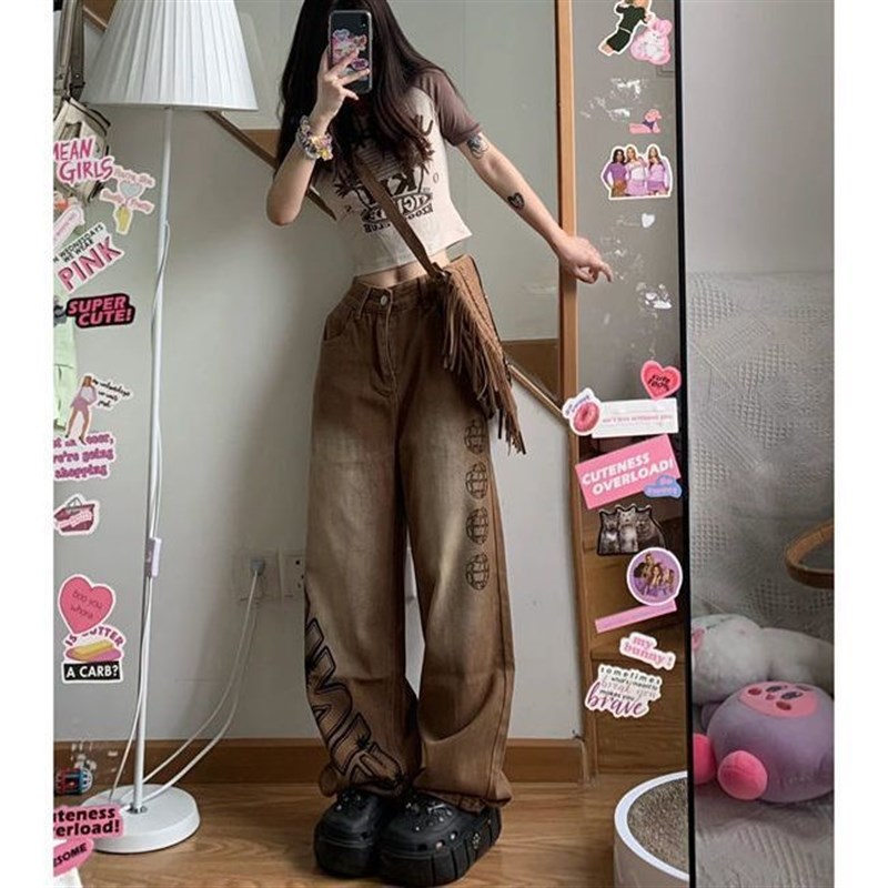 300斤加肥加h大胖mm大码美式印花牛仔裤女宽松直筒休闲拖地阔腿裤