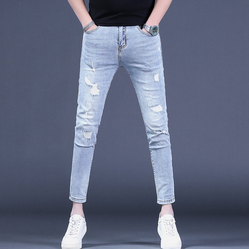 2025新款夏季薄款男士破洞九分牛仔裤9分裤男修身潮牌小脚裤子潮