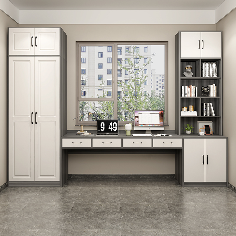 实木书桌书柜衣柜一体飘窗书架学习桌连体简约经济型定制电脑桌
