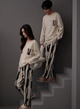 情侣睡衣春秋款秋季纯棉长袖条纹家居服秋天男士圆领大码女士套装