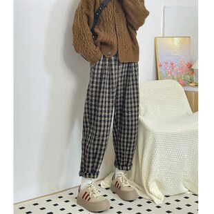梨形身材格子九分休闲裤女大码秋冬2023新款胖妹妹毛呢哈伦老爹裤