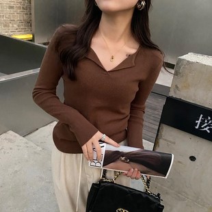 打底衫 长袖 女园显瘦V领针织衫 软糯内搭百搭修身 2023秋冬新款 正品