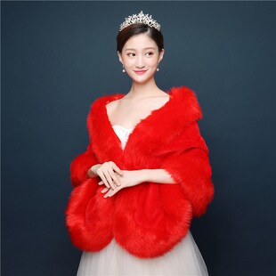 婚礼白色毛绒外套斗篷伴娘新娘礼服冬季伴娘毛披肩红色大码