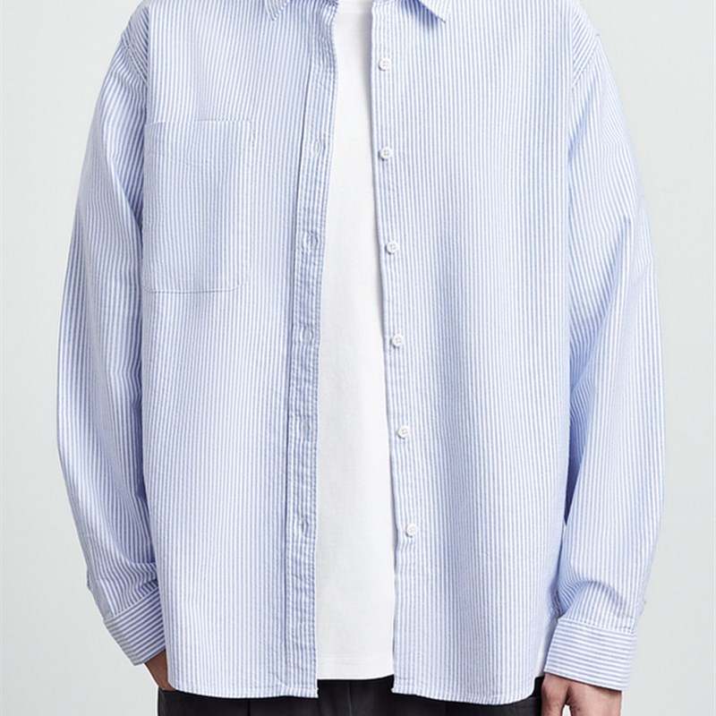 夏季新款韩版休闲牛津纺条纹长袖衬衫男士内搭上衣百搭职场衬衣