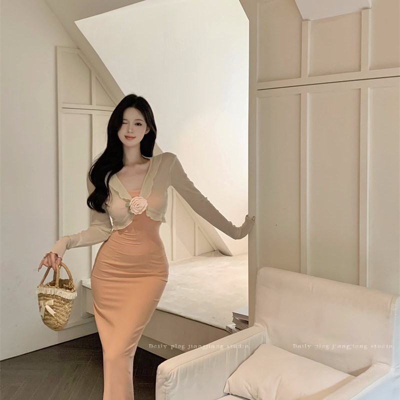 纯欲风套装女早秋长袖针r织开衫上衣抹胸洋装包臀鱼尾长裙两件套