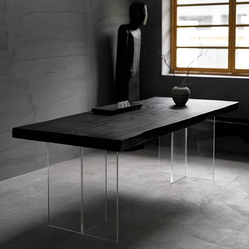 实木茶桌碳化黑大板桌原木会议桌办公桌子接待洽谈茶台亚克力长桌