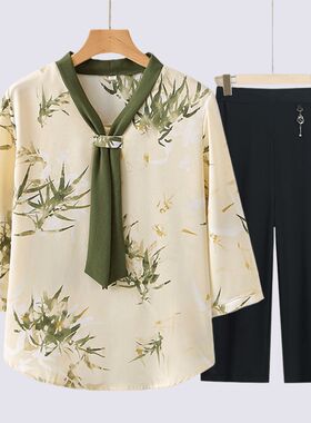 母亲节中年妈妈装夏季两件套装洋气显瘦I中袖雪纺上衣中老年女T恤