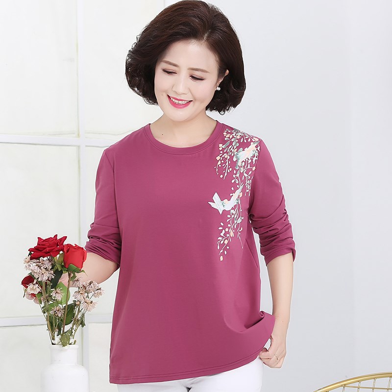 胖妈妈大码纯棉长袖t恤女中老z年加肥宽松上衣春秋新款妇女打底衫