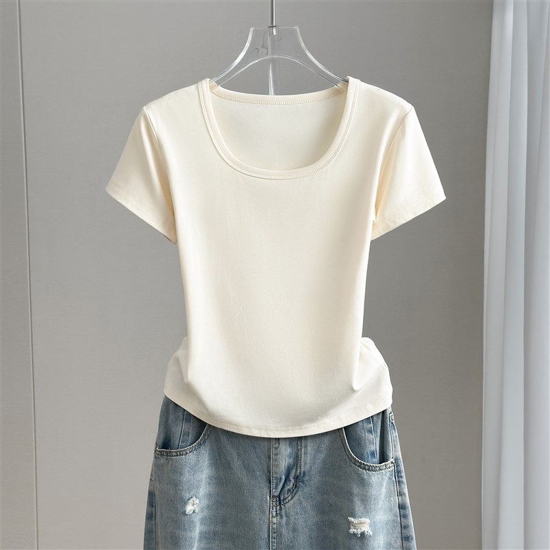 短袖T恤女2025夏季纯色百搭款修身螺纹内搭正肩U领上衣打底衫