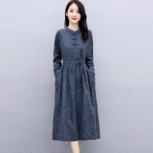 妈妈气质减龄长裙子 收腰长袖 改良旗袍碎花棉麻连衣裙2023新款 秋季