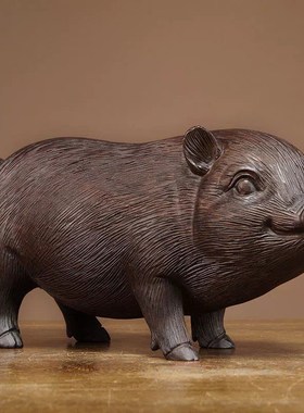 黑檀木雕刻生肖猪摆件实t木对猪福猪家居客厅装饰摆设红木工艺礼