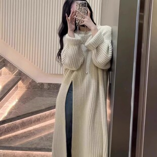 韩系慵懒风毛衣裙女2023秋冬新款宽松套头侧开叉过膝中长版针织裙