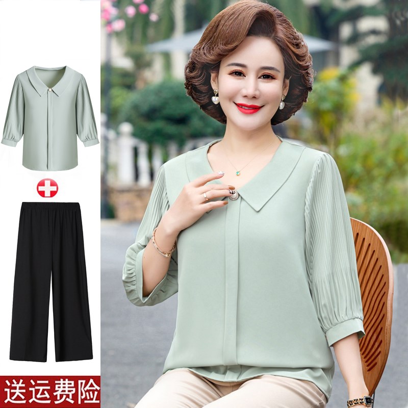 妈妈夏装七分袖小衫洋气宽松中袖T恤中老年女装春秋X雪纺上衣套装
