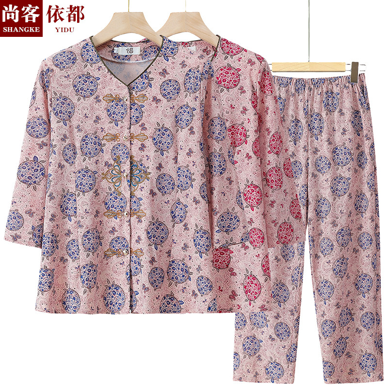 奶奶夏装冰丝中袖小衫套装中老年人夏装女妈N妈上衣老人春夏季衣
