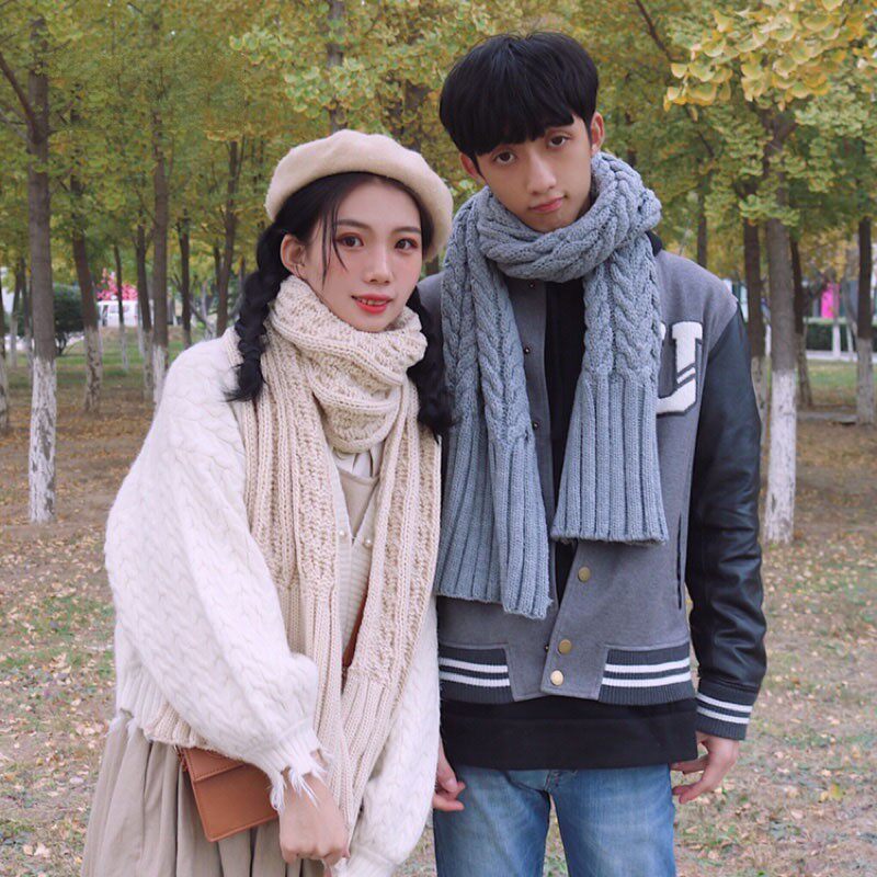 不起球酒红色米色灰黑色粗毛线围巾女秋冬季加厚韩版麻花情侣围脖
