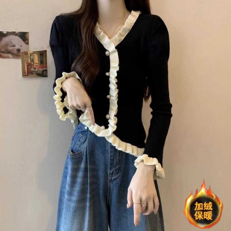 大码木耳边不规则长袖针织毛衣女秋冬胖妹妹显瘦遮肚子泡泡袖上衣