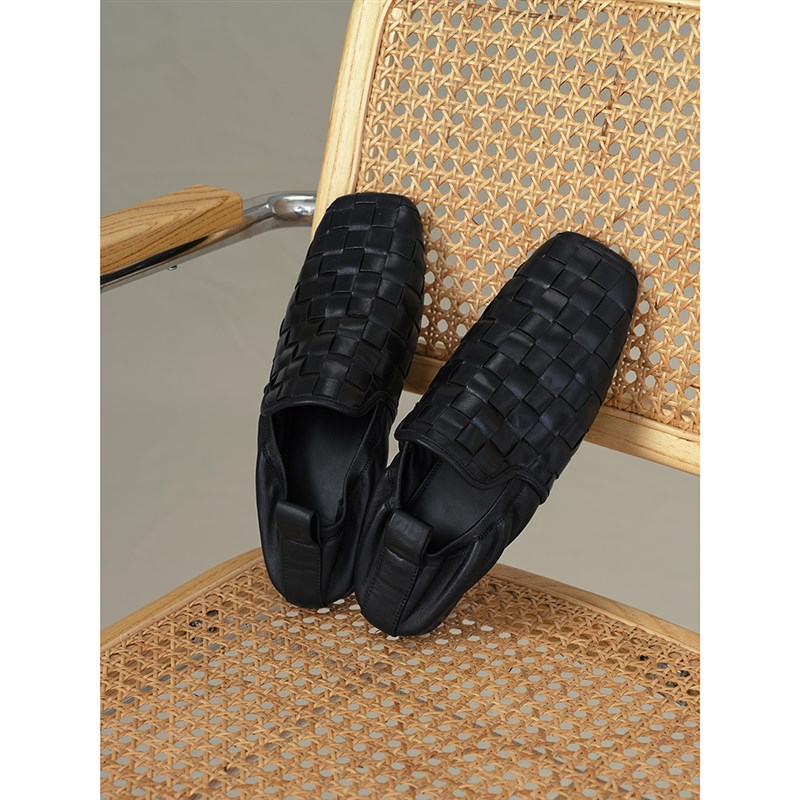 方头单鞋女设计感小众复古手工编织鞋黑色一脚蹬浅口单鞋女平底