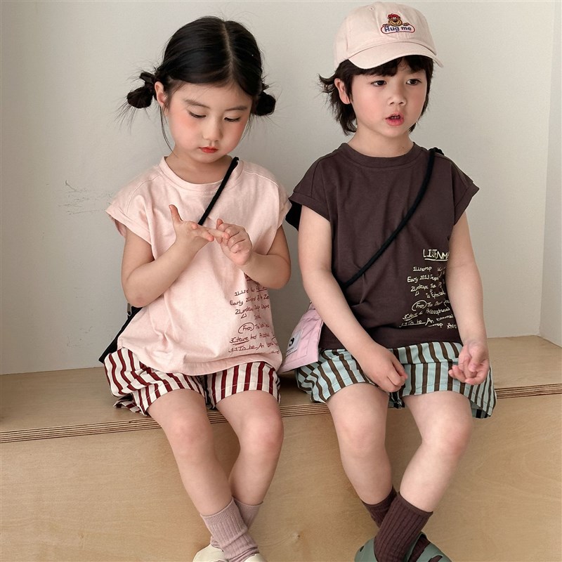 儿童夏季套装女童宽松条纹休闲w夏装2025男童纯棉背心短裤宝宝衣