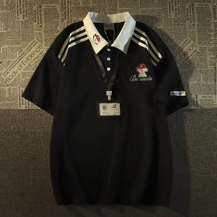 Caim2025新款 美式 稻风 POLO衫 潮流 复古拼接撞色三条杠短袖 t恤时尚