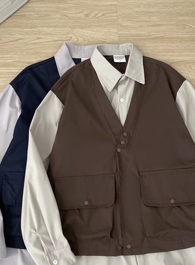 日系工装风假两件拼接衬衫男长袖宽松休闲潮流百搭衬衣长袖外衣男