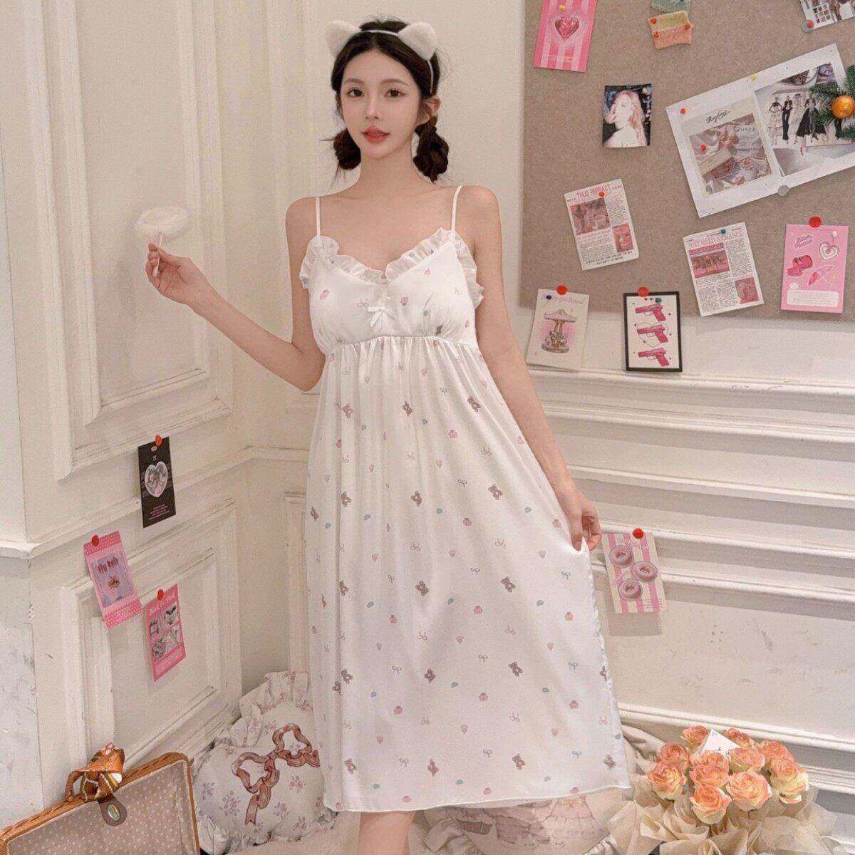 少女风睡衣长款吊带睡裙女甜妹宽松睡衣冰雪丝薄款家居服甜美卡通