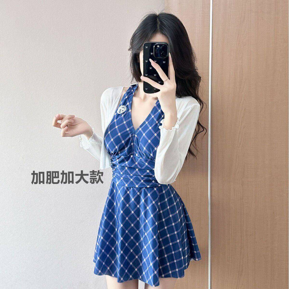 泳衣女两件套外套长袖防晒胖MM连体显瘦遮肚泳衣涤纶裙式连体泳装