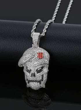 ins爆款欧美个性骷髅头嘻哈街头吊坠微镶满锆石男士潮人项链饰品