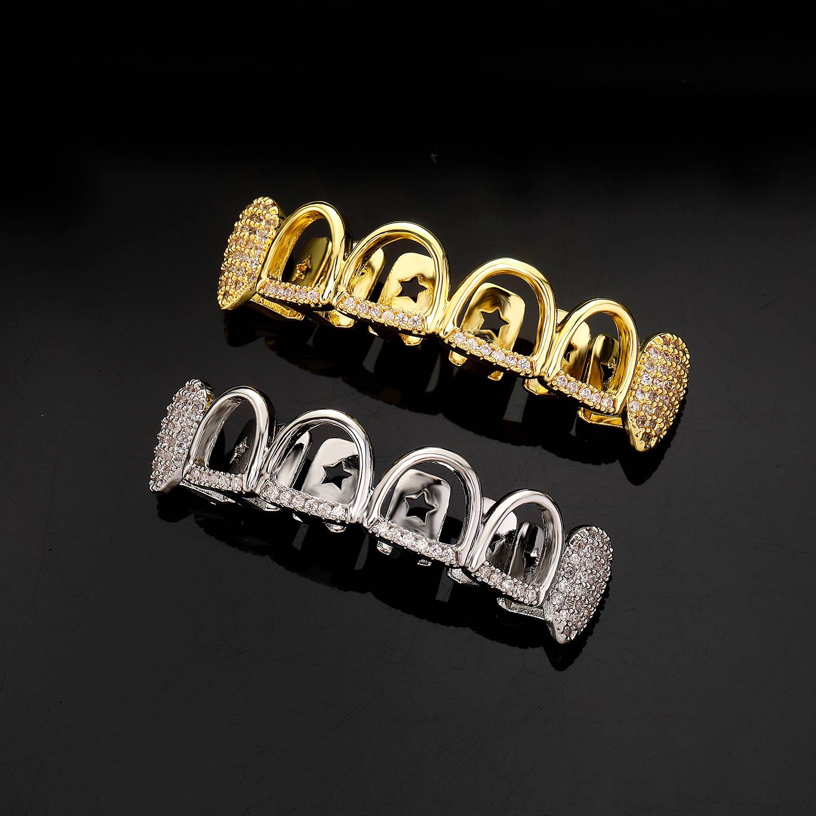 亚马逊热卖嘻哈金牙套牙齿万圣节礼品搞怪HIPHOP镂空微镶锆石尖牙