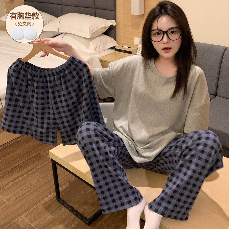 2025新款睡衣女款夏带胸垫纯棉短袖三件套可爱小个子家居服可外穿