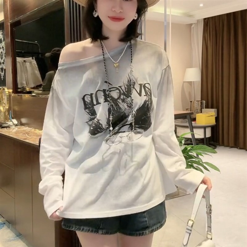 2025新款夏季宽松超好看气质上衣女美式复古晕染印花斜肩长袖防嗮