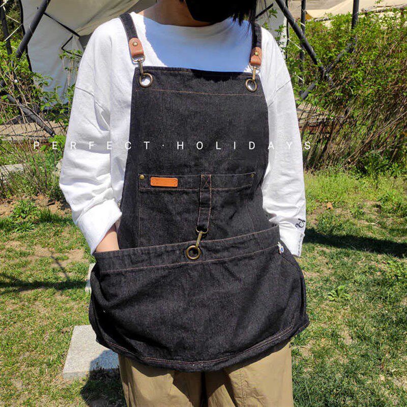 中款牛仔围裙定制logo户外画画烘焙园艺大口袋工作服美甲师厨房
