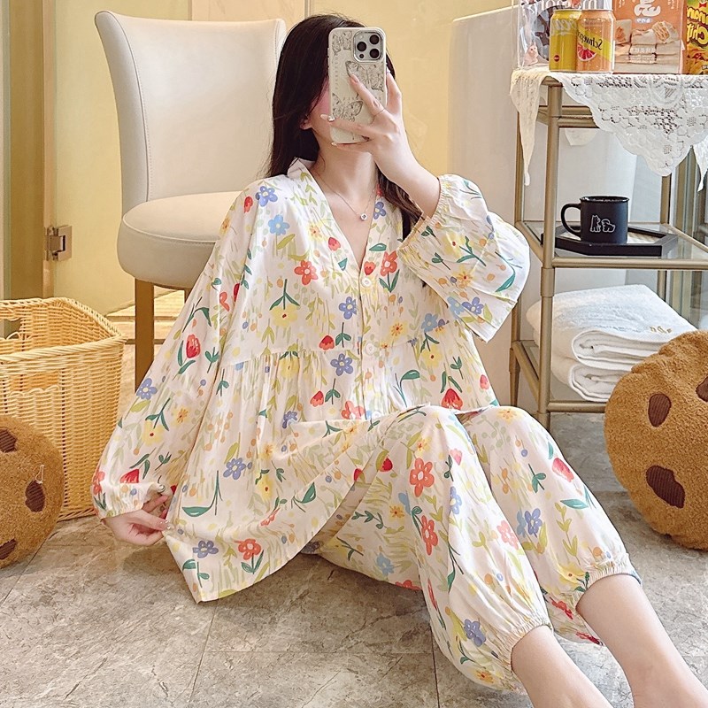 棉绸睡衣女春夏人造棉绵绸长袖开C衫家居服可出门薄款宽松大码套