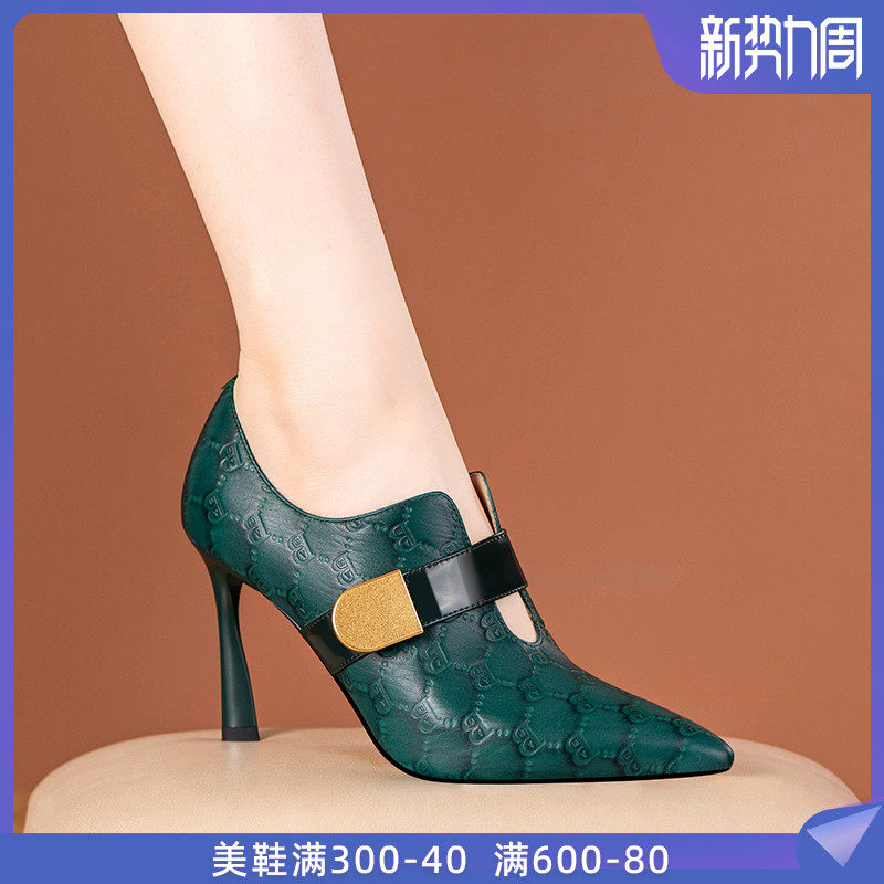 尖头细跟深口单鞋女鞋子新款法式风踝靴气质真皮旗袍高跟鞋春秋季