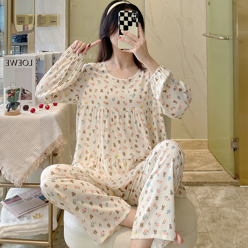 长袖棉绸睡衣女春秋季卡通可爱空调家居服韩版大码U学生绵绸套装