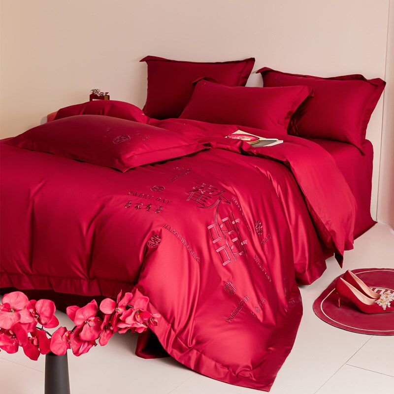 中式纯棉结婚四件套婚庆全棉床单被套酒红色喜被新婚嫁房床上用品